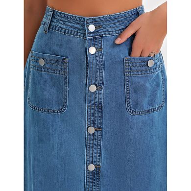 Women's Denim Skirt Button Down Front Slit with Pockets High Waist Pencil Skirt Midi Jean Skirts