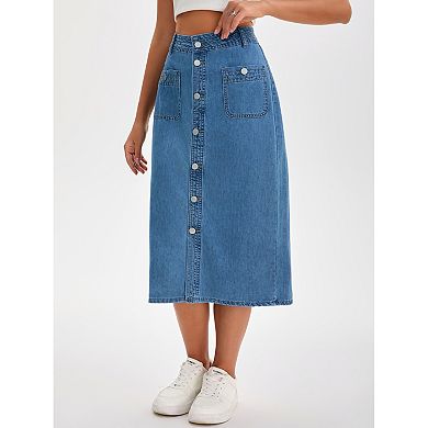 Women's Denim Skirt Button Down Front Slit with Pockets High Waist Pencil Skirt Midi Jean Skirts