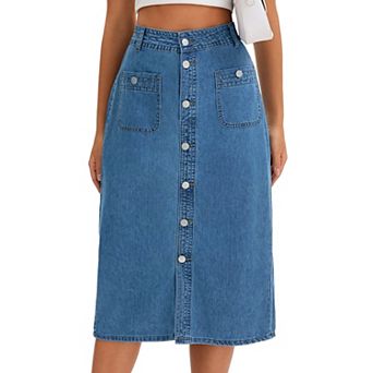 Women's Denim Skirt Button Down Front Slit with Pockets High Waist Pencil Skirt Midi Jean Skirts