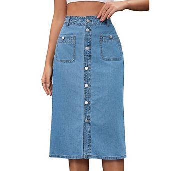 Women's Denim Skirt Button Down Front Slit with Pockets High Waist Pencil Skirt Midi Jean Skirts