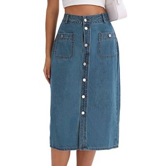 Women's Denim Skirt Button Down Front Slit with Pockets High Waist Pencil Skirt Midi Jean Skirts