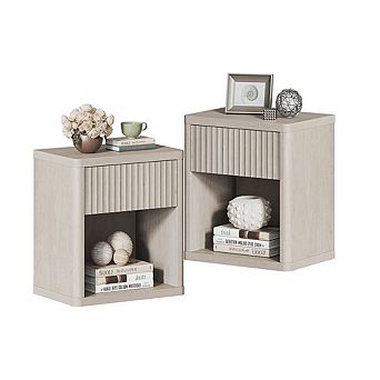 Night Stand Set of 2 Nightstands with Drawer Storage Fluted Bed Side Table