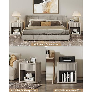 Night Stand Set of 2 Nightstands with Drawer Storage Fluted Bed Side Table