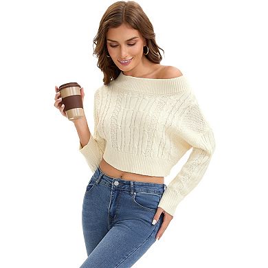 Women Off Shoulder Sweaters Batwing Sleeve Knit Pullover Long Sleeve Cropped Sweater Tops