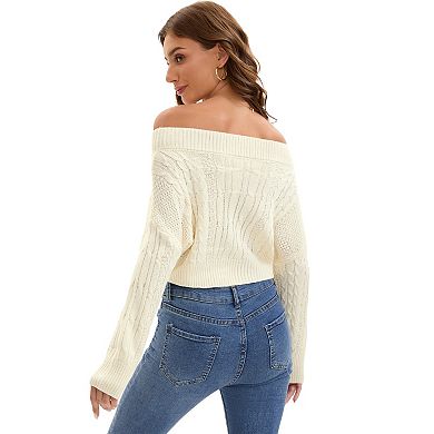 Women Off Shoulder Sweaters Batwing Sleeve Knit Pullover Long Sleeve Cropped Sweater Tops