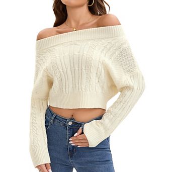 Women Off Shoulder Sweaters Batwing Sleeve Knit Pullover Long Sleeve Cropped Sweater Tops