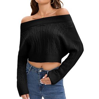Women Off Shoulder Sweaters Batwing Sleeve Knit Pullover Long Sleeve Cropped Sweater Tops