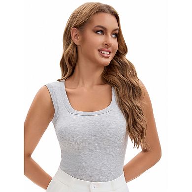 Women's U-Neck Tank with Built-In Bras Ribbed Wide Straps Undershirt