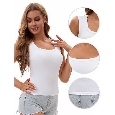 Women's U-Neck Tank with Built-In Bras Ribbed Wide Straps Undershirt