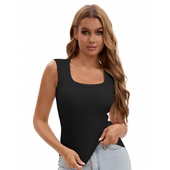 Women's U-Neck Tank with Built-In Bras Ribbed Wide Straps Undershirt