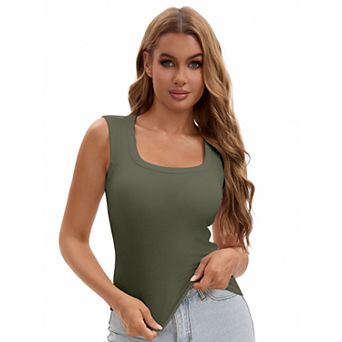 Women's U-Neck Tank with Built-In Bras Ribbed Wide Straps Undershirt