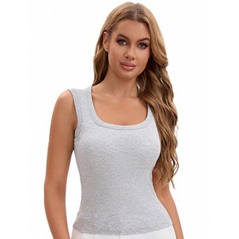 Women's U-Neck Tank with Built-In Bras Ribbed Wide Straps Undershirt