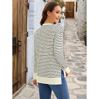 Womens Striped Sweater Side Slits Knit Crew Neck Oversized Pullover Tops Fall Casual Outfits