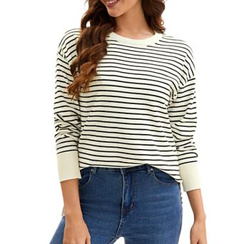 Womens Striped Sweater Side Slits Knit Crew Neck Oversized Pullover Tops Fall Casual Outfits