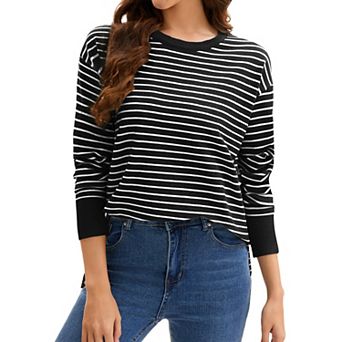Womens Striped Sweater Side Slits Knit Crew Neck Oversized Pullover Tops Fall Casual Outfits