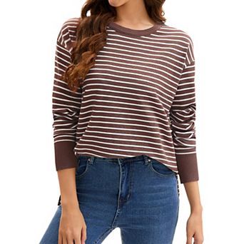 Womens Striped Sweater Side Slits Knit Crew Neck Oversized Pullover Tops Fall Casual Outfits