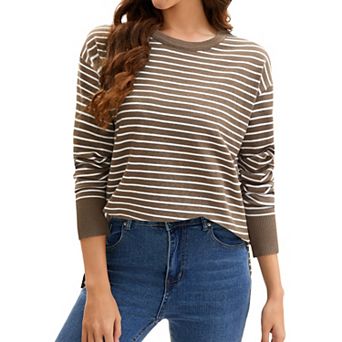 Womens Striped Sweater Side Slits Knit Crew Neck Oversized Pullover Tops Fall Casual Outfits