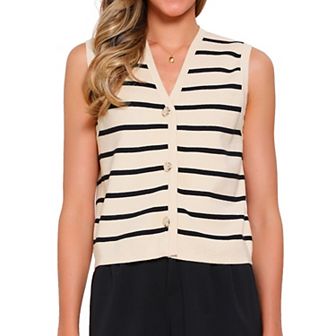 Striped Sweater Vest for Women's V Neck Button Up Sleeveless Knit Vests Top