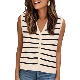 Striped Sweater Vest for Women's V Neck Button Up Sleeveless Knit Vests Top