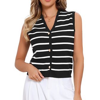 Striped Sweater Vest for Women's V Neck Button Up Sleeveless Knit Vests Top