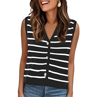 Striped Sweater Vest for Women's V Neck Button Up Sleeveless Knit Vests Top
