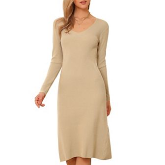 Sweater Dress for Women's V Neck Long Sleeve Ribbed Knit Midi Dresses
