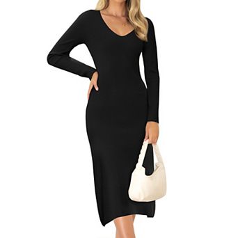 Sweater Dress for Women's V Neck Long Sleeve Ribbed Knit Midi Dresses