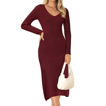 Sweater Dress for Women's V Neck Long Sleeve Ribbed Knit Midi Dresses