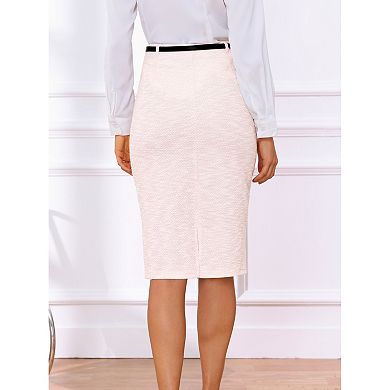 Women's Tweed Pencil Skirt Knee Length High Waisted Skirts Button Decor Office Work Skirts with Belt