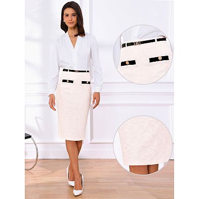 Women's Tweed Pencil Skirt Knee Length High Waisted Skirts Button Decor Office Work Skirts with Belt