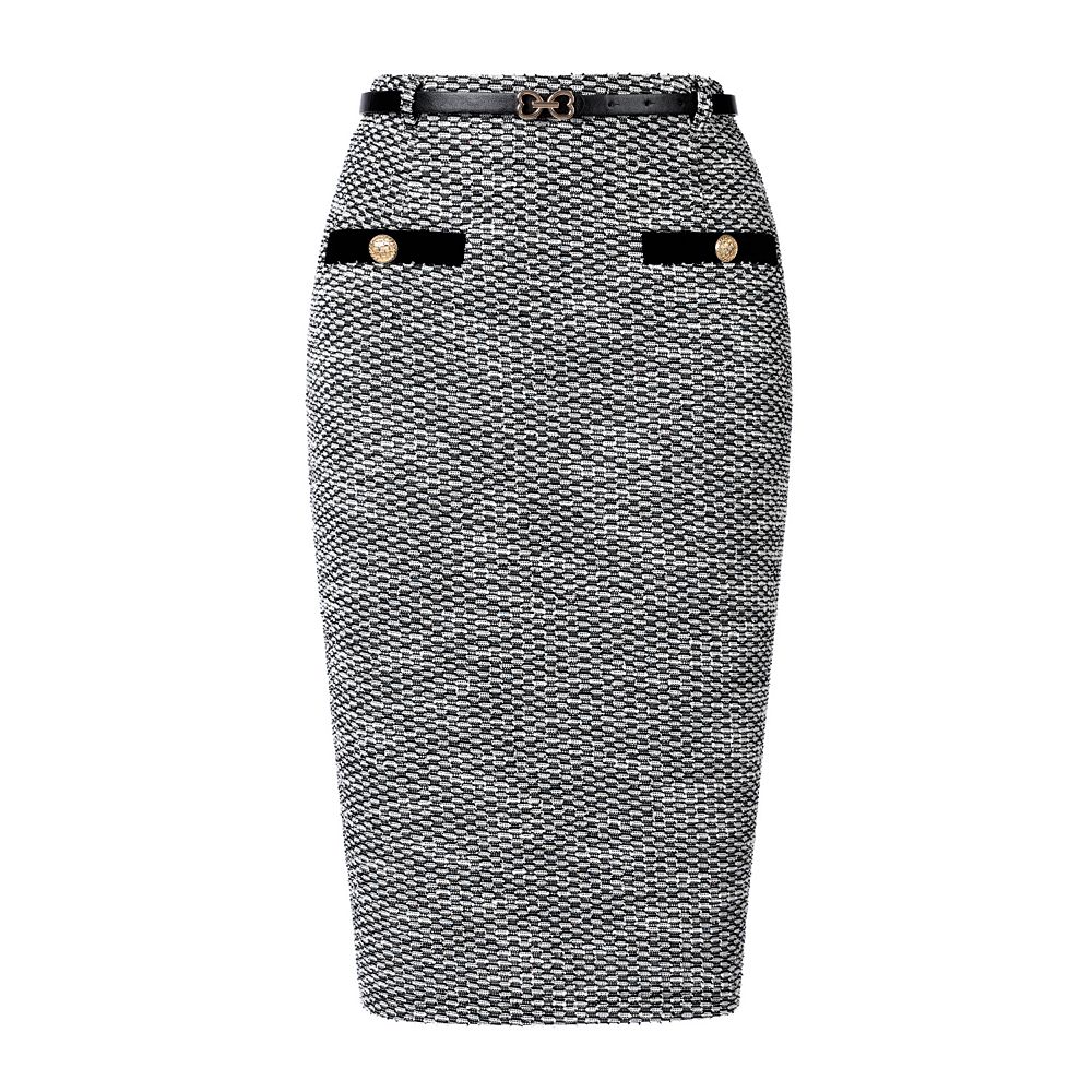 Women's Tweed Pencil Skirt Knee Length High Waisted Skirts Button