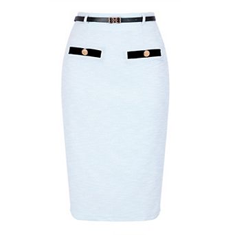 Women's Tweed Pencil Skirt Knee Length High Waisted Skirts Button Decor Office Work Skirts with Belt