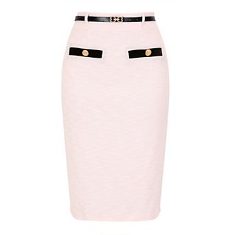Women's Tweed Pencil Skirt Knee Length High Waisted Skirts Button Decor Office Work Skirts with Belt