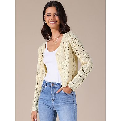 Women's Long Sleeve Button Down Knit Sweater Hollow Out V Neck Cropped Cardigans