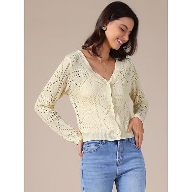 Women's Long Sleeve Button Down Knit Sweater Hollow Out V Neck Cropped Cardigans