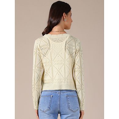 Women's Long Sleeve Button Down Knit Sweater Hollow Out V Neck Cropped Cardigans