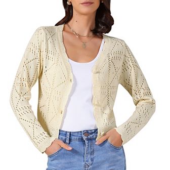 Women's Long Sleeve Button Down Knit Sweater Hollow Out V Neck Cropped Cardigans