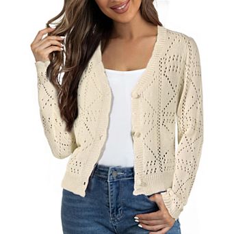 Women's Long Sleeve Button Down Knit Sweater Hollow Out V Neck Cropped Cardigans