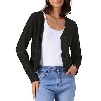 Women's Long Sleeve Button Down Knit Sweater Hollow Out V Neck Cropped Cardigans