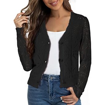 Women's Long Sleeve Button Down Knit Sweater Hollow Out V Neck Cropped Cardigans