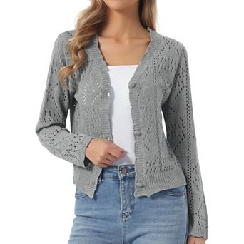 Women's Long Sleeve Button Down Knit Sweater Hollow Out V Neck Cropped Cardigans