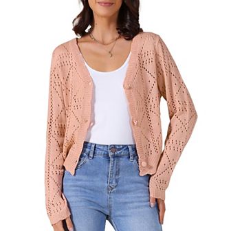 Women's Long Sleeve Button Down Knit Sweater Hollow Out V Neck Cropped Cardigans