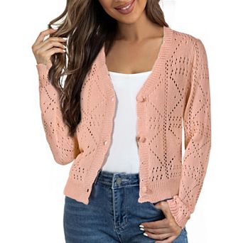 Women's Long Sleeve Button Down Knit Sweater Hollow Out V Neck Cropped Cardigans