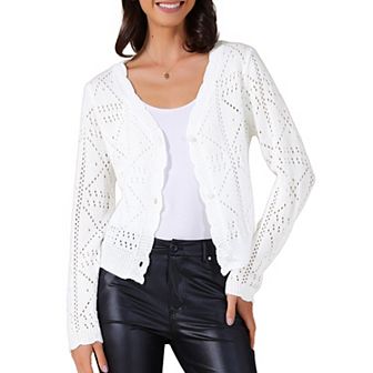 Women's Long Sleeve Button Down Knit Sweater Hollow Out V Neck Cropped Cardigans