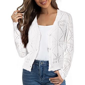 Women's Long Sleeve Button Down Knit Sweater Hollow Out V Neck Cropped Cardigans