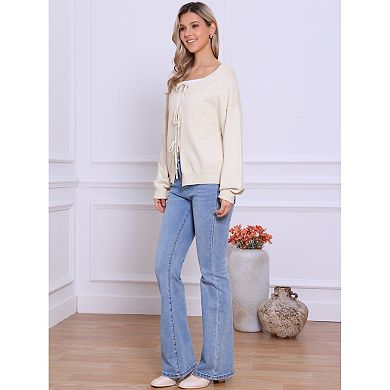 Tie Front Cardigan Sweaters for Women's Open Front Cute Bow Long Sleeve Fall Trendy Sweater Tops