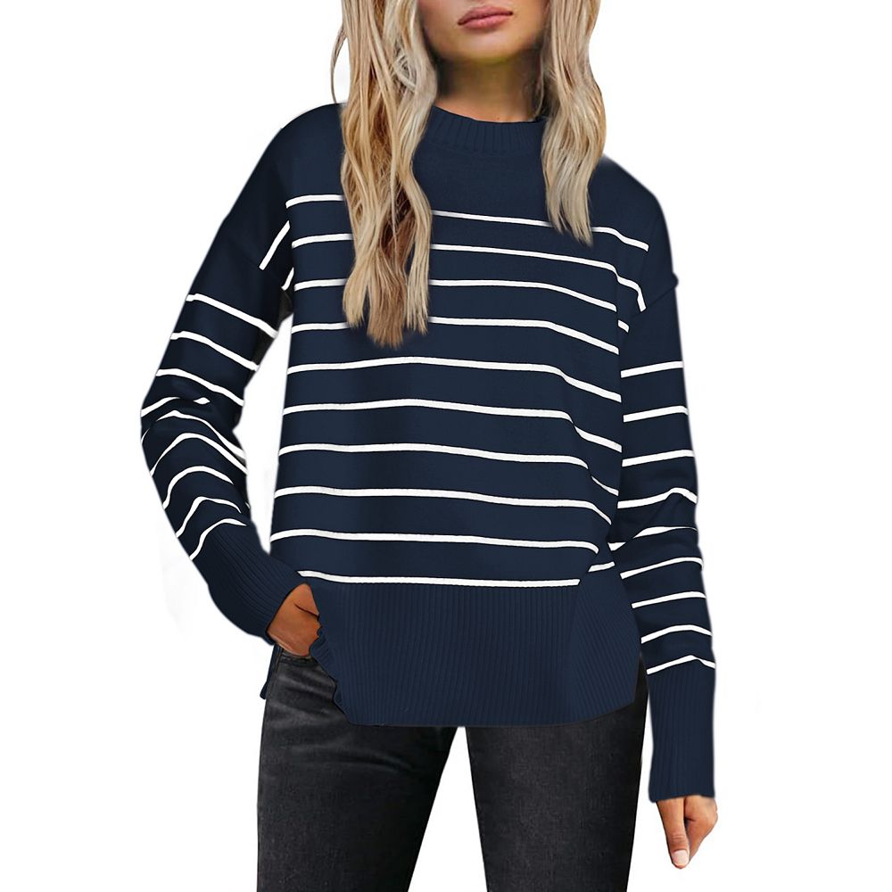 Back Button-Up Striped Long Sleeves Sweater Top
