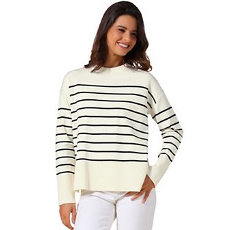 Striped Sweater for Women's Long Sleeve Fall Winter Outfits Crewneck Ribbed Knit Pullover Tops