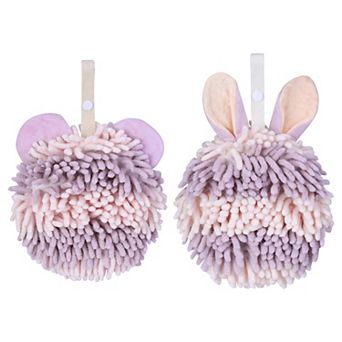 2 pc Fuzzy Ball Hand Towels for Bathroom, Soft Absorbent Chenille Hanging Ball Towels 7"x7"