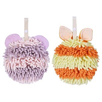 2 pc Fuzzy Ball Hand Towels for Bathroom, Soft Absorbent Chenille Hanging Ball Towels 7"x7"